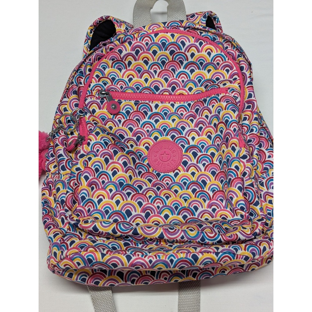 Kipling Seoul Small Backpack Rainbow Scallop Print Pink Monkey Keychain Multi
